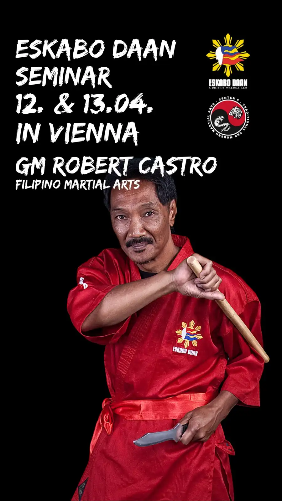 Beitragsbild zum Beitrag ESKABO DAAN Seminar mit GM Robert Castro am 12.4 und 13.4.2024: Plakat Sujet ESKABO DAAN Seminar 12.13.4. 2024